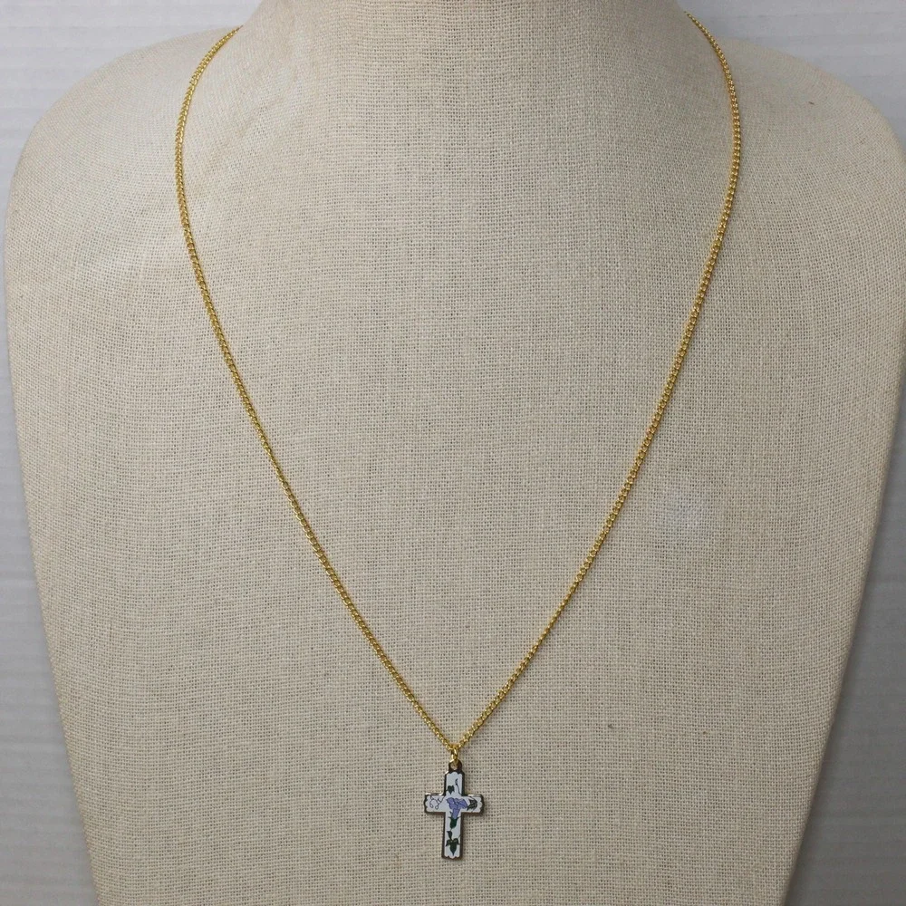 Enamel Cross Necklace Morning Glory Floral Pendant 23.5
